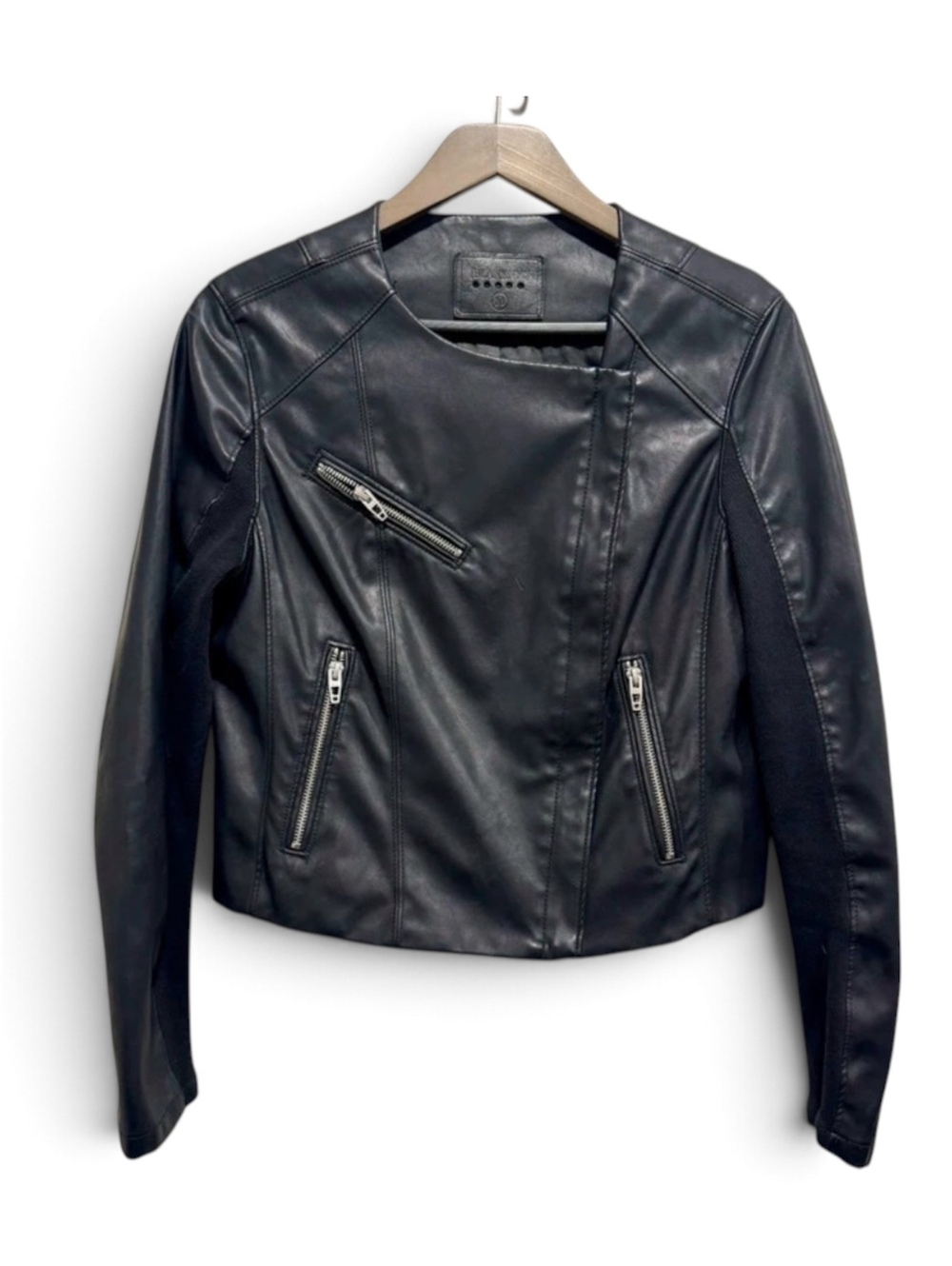 BLANKNYC Black Faux Leather Moto Biker Jacket Knit Sleeve M